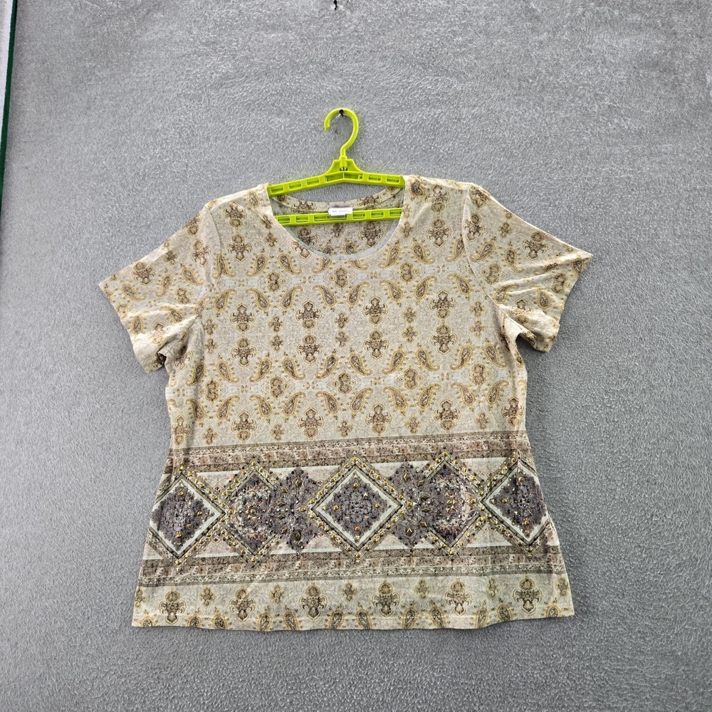Laura Scott Women Shirt 2X Beige Paisley Beaded Crew Neck Pullover